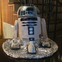 R2-D2 This groom cake was a chocolate WASC cake with chocolate mousse filling and chocolate buttercream icing, covered with fondant.