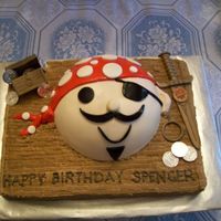 Pirate Cake This cake is chocolate cake with chocolate buttercream icing. The pirate is chocolate cake with fondant face, eyes, patch, mouth, mustache...