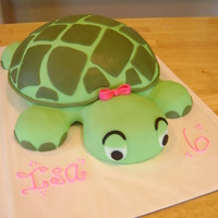 Turtle Birthday Cake Turtle shaped cake covered in fondant. Various kitchen bowls used for shape.