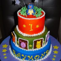 Backyardigans Bottom is a 12" round vanilla cake w/ strawberry filling, middle is 8" chocolate cake w/ strawberry filling, top is vanilla cake...