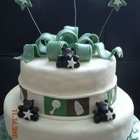 Spivey Baby Shower MMF 10" bottom, 8" top, everything is fondant including bow, bears, and all decorations, used floral wire for the shooting stars...