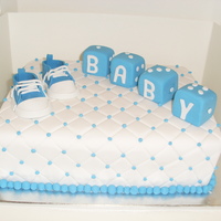Aimee's Baby Shower Cake 9x11 inch rectangle chocolate mud cakecovered in white fondantquilted with blue drageeshand made converse baby shoes (thanks for the help...