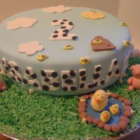 Isabella's 2Nd Birthday Cake 10 inch round chocolate mud cake covered in fondanthandmade fondant farm animalsgreen coloured coconut as grass