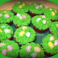 Easter Cupcakes For Work Red velvet cupcakes with Pecan and Praline butter cream...with jelly beans for decoration. Used tip 233 for grass. TFL