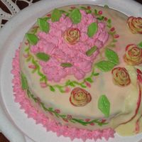 Birthday Cake Yellow cake with cherry fiiling. Decorations are made with whipped cream and powder milk fondant. Unfortunately, I rolled the fondant to...