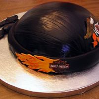 Leather Skull Cap I made this cake to go with the Harley Vest. It's made from the Wilton soccer ball pan. It's covered in chocolate MMF. Decals are...
