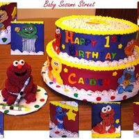 Baby Sesame Street Buttercream frosted cake with fondant letters. Characters placed around the sides of the cake are made from gumpaste. Baby Elmo smash cake...