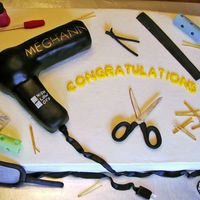 Salon I made this cake for a Cosmetology graduate. Buttercream frosted half sheet cake. Hair dryer is cake covered in fondant. All other...