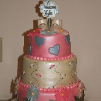 Baby Shower Cake fondant cake, gumpaste decorations (flowers, plaque, and baby shoes)