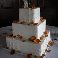 Mountains Trees And Leaves Mountains and trees applied in buttercream to the surface of BC iced square tiers. Garnished with fondant leaves, airbrushed in fall colors...