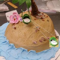 Island Themed Baby Shower Cake The shower's theme was a luau. The basinette made of gum paste palm tree leaves contained a buttercream monkey face under a fondant...