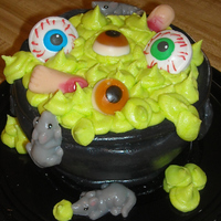 Witch Cauldron I used the ball cake pan and made two of these cakes. The cake is covered with black marshmallow fondant. Green is buttercream and...