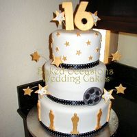 Sweet 16 Hollywood Style This cake is white fondant with black ribbon made to look like movie film. Oscars, stars and film reel are made fondant with Tylose.