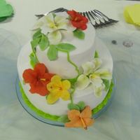 Tropical Wedding Shower Cake gumpaste hibiscus & orchids on white cake w/white bc