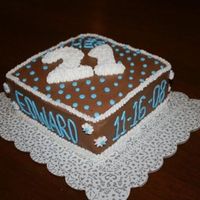 He's 21! Birthday boy is 21. To make this cake a little different I put his name and birthdate on the side of the cake. Made with two layers of 8&...