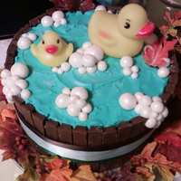 Ducks In Barrell Tub 4 - 9" Cakes that are stacked and filled with raspberry mousse (found on CC), and buttercream. Crumbed coated and stuck 1 and half kit...