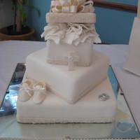 Baptism & Anniversary Cake for a baptism and wedding anniversary. Decorated using the invitation theme colors and accents. Covered in white fondant and ivory...