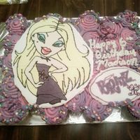 Bratz Cupcake Cake I made the image using a frozen buttercream transfer. The client loved it!