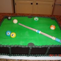 Pool Table Cake Table made of buttercream and fondant. Billiard balls and cue stick made of fondant. For a man's 42nd birthday.