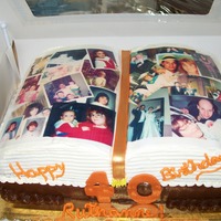 Book Cake - 2011-05-07 Cake for a coworker's sister's 40th Surprise Birthday Party. 1/4" Sheet cake base (chocolate w/chocolat&#8203;e BC icing...