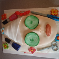 Spa Birthday Cake French vanilla cake, standard butter icing, raspberry filling, cereal treat face, fondant skin, towel, cucumbers, nailpolish, scissors,...