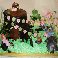Woodland Fairies Tree stump is banana chocolate chip cake covered with chocolate fondant. Roots and rocks are made from rice crispies treats. Flowers,...