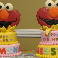 Elmo Cakes For Twin Girls Top pink layer was yellow cake with bavarian creme and bottom layer was yellow cake with vanilla buttercream, the second cake was just...