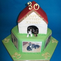 Dog Kennel Birthday Cake Chocolate cake and lemon sponge, fondant covered withedible photos. Dogsfrom sugar-paste