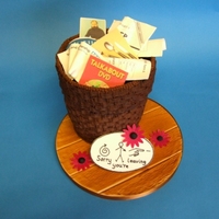 Wastepaper Basket Retirement Cake Chocolate mud cake covered in basket weave buttercream. Fondant board and edible images mounted on fondant to show what the recipient can...