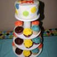 Baby Shower Cake 4" chocolate chocolate chip cake with bavarian cream filling. All BC but lion and circles were fondant. Cupcakes were red velvet with...