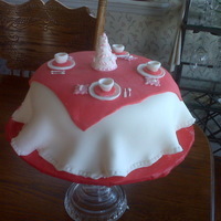 Tea Party Cake Homemade butter cake with raspberry filling; buttercream under the fondant. Fondant dishes and cake in middle of table, crimped edges. Idea...