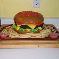 Hamburger And Fries Hamburger and fries.....cake and cookies.....This is my first attempt at covering a cake in MMF and second carved cake so I'm pretty...