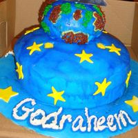 The World Yours this cake was made for a co-workers grandson the theme of the party was the world is your...the bottom is a 2layer 11 inch yellow cake with...