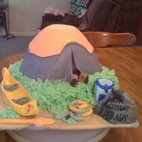 Outdoor Adventure Cake I used a barbie cake pan for the tent and stacked on an 8" square. covered in MMF details. The boy turning 7 loves outdoors adventures...