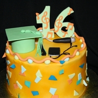 Graduation & Sweet 16 Double occasion. Graduation hat with ipod. Sweet 16 with music and microphone. Buttercream with fondant sugar art.