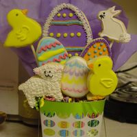 Easter Cookie Bouquet This is another sample of a cookie bouquet I will be selling for a fundraiser. The box is a take out box from Hobby Lobby.