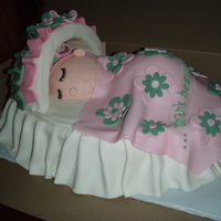 Sleeping Baby! This is an oval cake with foam canopy covered in fondant. The baby is all cake covered in fondant.