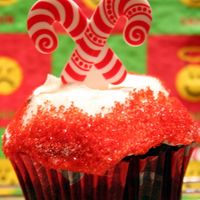 Gluten-Free Chocolate Cupcake Gluten-free chocolate cupcakes; buttercream frosting w/sprinkles and plastic candy cane topper.