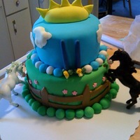 Horsin' Around Out first Free Cake for Kids cake! For an 11 year old in central KY. Two tier sky & meadow cake with toy horses nibbling the edges....