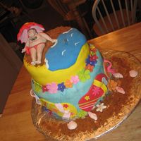 Beach Birthday Two tiered chocolate w/ peanut butter BC and top tier is carrot cake. Fat man in a Speedo on top, flip flops areound bottom tier. Inside...