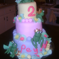 Frog Birthdays Cherry almond, white with raspberry, chocolate. Simple design, big ball borders, gumpaste frogs with crowns, lily pads. For my darling GD&#...