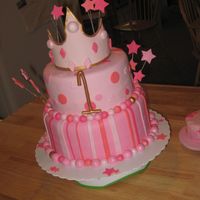 Pink Princess Birthday 8" & 10" WASC w/ pink BC. Gumpaste crown & stars. Ball borders; in different shades/hues of pink. 1st b-day