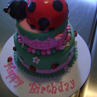 Ladybug 1St Birhtday Two tier, white with raspberry filling, hummingbird with cream cheese BC. Krispie treat ladybug topper. All fondant. Design mimics party...