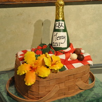 Basket Cake Fondant basket weave, gumpaste tablecloth, hibicus, strawberries and champagne bottle