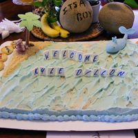 Ahoy Mate! Baby shower cake designed after the Ahoy! crib bedding at Babies R Us. Everything is edible. Gumpaste letters and figures. Sand is made...