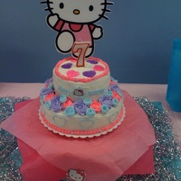 Pretty Pretty Hello Kitty Bottom cake is yellow filled w/ vanilla frosting and the top is chocolate cake filled w/ chocolate frosting. Outside is Wilton's...