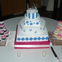 Blue & Pink Wedding Wedding Cake and Daisy Cupcakes