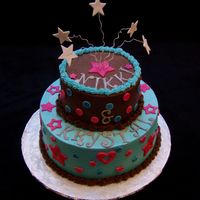 My 1St Cake I made 2 tiered cake for my neighbors kids birthdays. I used a 6" and a 10". It's vanilla buttercream and chocolate...