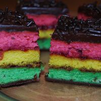 Tri Color Cookies (Rainbow Cakes) A NYC favorite... finally attempted in my home, what a success! I used raspberry jam on both layers instead of apricot. You might know them...