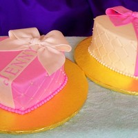 Engagement Party Cakes Buttercream with fondant ribbon and bow, edible pearls on sides.